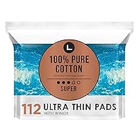 L. Pure Cotton Topsheet Pads for Women, Super Absorbency, Ultra Thin Pads with Wings, Unscented Menstrual Pads, 56 Count x 2 Packs (112 Count Total) (Packaging May Vary)