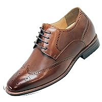 CALTO Men's Invisible Height Increasing Elevator Shoes - Brown Premium Leather Wing-tip Lace-up Formal Oxfords - 3 Inches Taller - Y10652