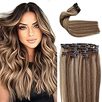 Clip in Hair Extensions, Ombre Hair Extensions Real Human Hair Clip ins 7 Pieces Balayage Brown and Ash Blonde Highlights Real Human Hair Clip in Extensions 12 Inch 70G Clip on Hair for Women