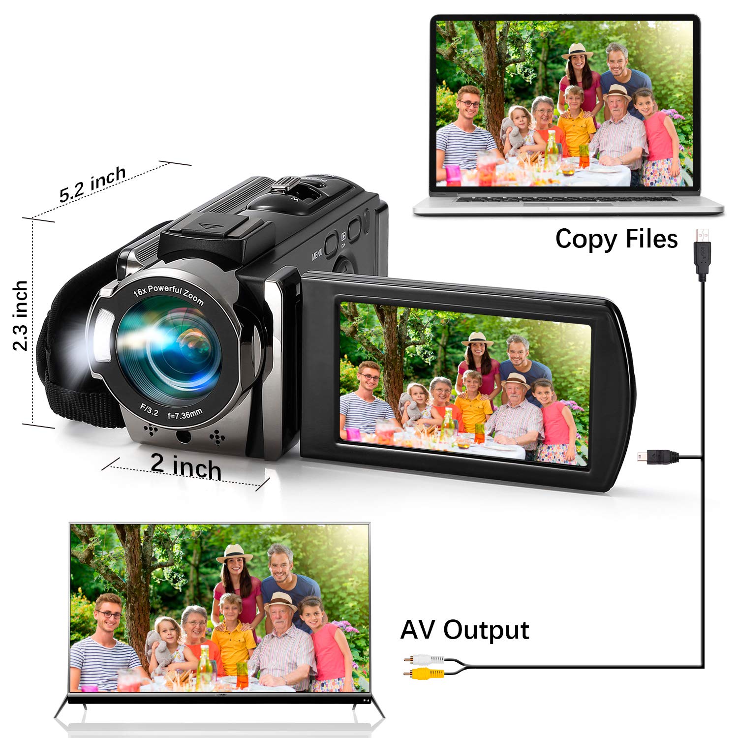 kimire Video Camera Camcorder Digital Camera Recorder Full HD 1080P 15FPS 24MP 3.0 Inch 270 Degree Rotation LCD 16X Digital Zoom Camcorder Camera with 2 Batteries(Black)