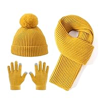 3Pcs Kids Hat Scarf and Snow Gloves Set, Winter Knit Warm Soft Pom-Pom Beanie Outdoor for Boys Girls and Toddlers
