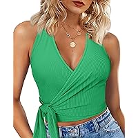 Crop Tops for Women Summer Cute Tops with Deep V Neck Shirts Sexy Unique Cross Wrap Slim Fit Tie Up Front Short Sleeve