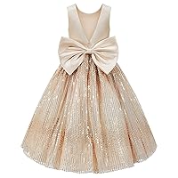 PLUVIOPHILY Flower Girl Dress for Wedding Puffy Satin Sequin Sparkle Princess Party Dress with Bow-Knot