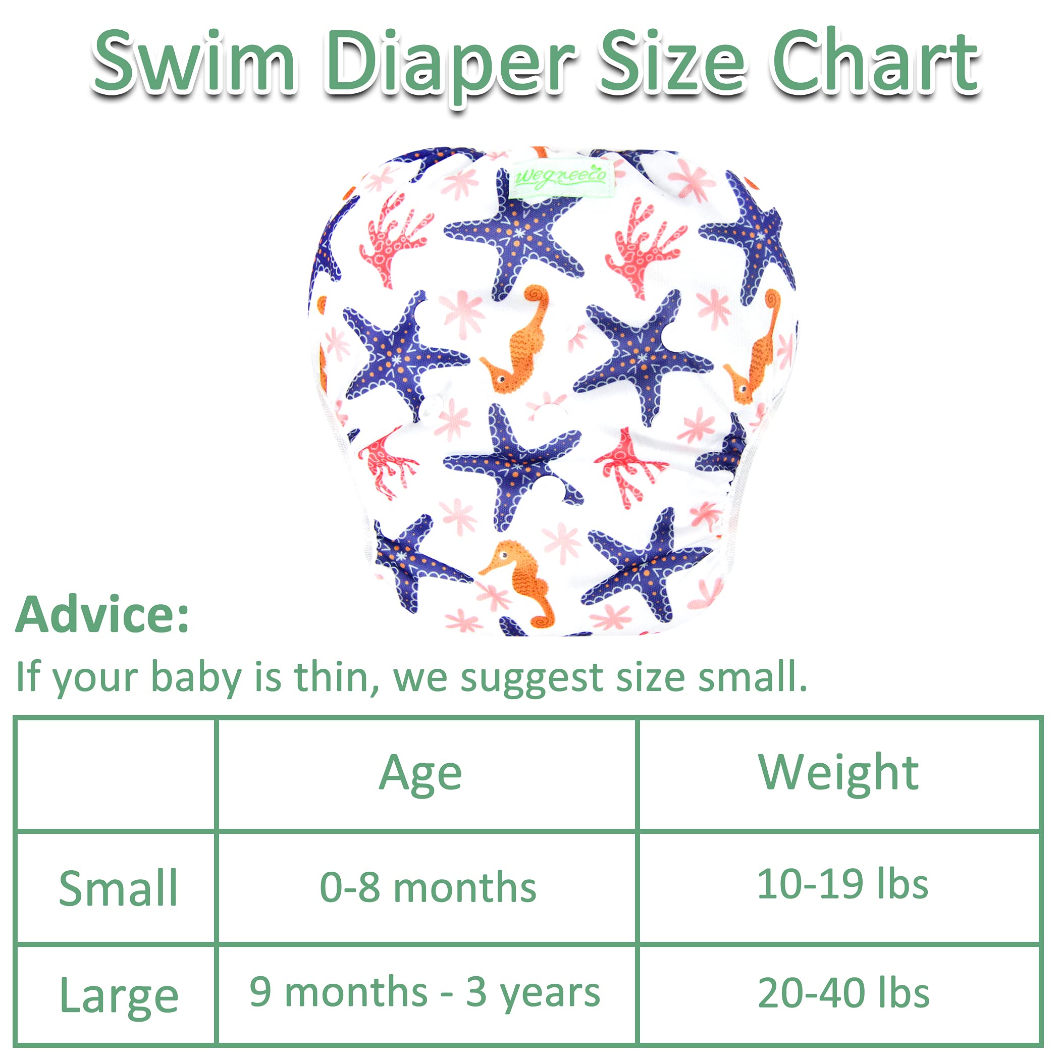 wegreeco Baby & Toddler Snap One Size Adjustable Reusable Baby Swim Diaper (Starfish, Small, 3 Pack)