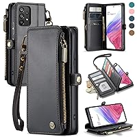 Defencase for Samsung Galaxy A53 5G Case, 【RFID Blocking】 for Samsung A53 5G Case Wallet for Women Men, PU Leather Magnetic Flip Strap Zipper Card Holder Wallet Phone Case for Galaxy A53 5G, Black