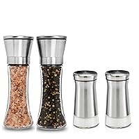 Premium Stainless Steel Salt and Pepper Grinder Set (Tall 2pk) and Salt and Pepper Shaker Set (2pk) Adjustable Glass and Stainless Steel Salt and Pepper Mills and Shakers w/funnel Bundle