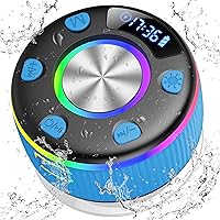 Bluetooth Shower Speaker, Portable Shower Speakers Wireless Bluetooth 5.3 with Time Display, Bluetooth Speakers with RGB Light Show, Suction Cup, IP7 Waterproof, 360° Stereo Sound, Handsfree, Blue