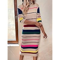 TLULY Sweater Dress for Women Striped Pattern Sweater Dress Sweater Dress for Women (Color : Multicolor, Size : Large)