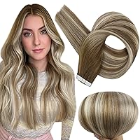 Full Shine Balayage Tape in Hair Extensions Real Human Hair 20 Inch Tape in Extensions Chestnut Brown Ombre to Platinum Blonde Highlighted Brown Adhesive PU Tape in 20pcs Thick End PU Skin Weft 50g