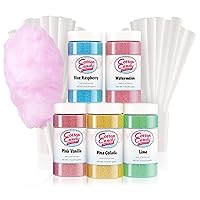 Cotton Candy Express Floss Sugar Variety Pack with 5 - 11oz Plastic Jars of Lime, Watermelon, Pina Colada, Blue Raspberry, Pink Vanilla Flossing Sugars Plus 50 Paper Cotton Candy Cones
