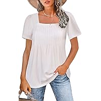 KOJOOIN Womens 2023 Summer Puff Short Sleeve Tunic Tops Pleated Square Neck Blouses Casual Loose T Shirts