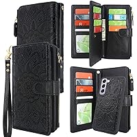 Harryshell Detachable Magnetic Zipper Wallet Leather Case with Cash Coin Pocket 12 Card Slots Holder Wrist Strap Lanyard for Samsung Galaxy S23 5G (2023) (Flower Black)