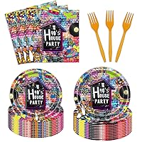 24 Guests 90's House Party Paper Plates and Napkins, Hip Pop 90's Birthday Party Supplies Birthday Party Tableware Set Table Decorations Favors with Forks
