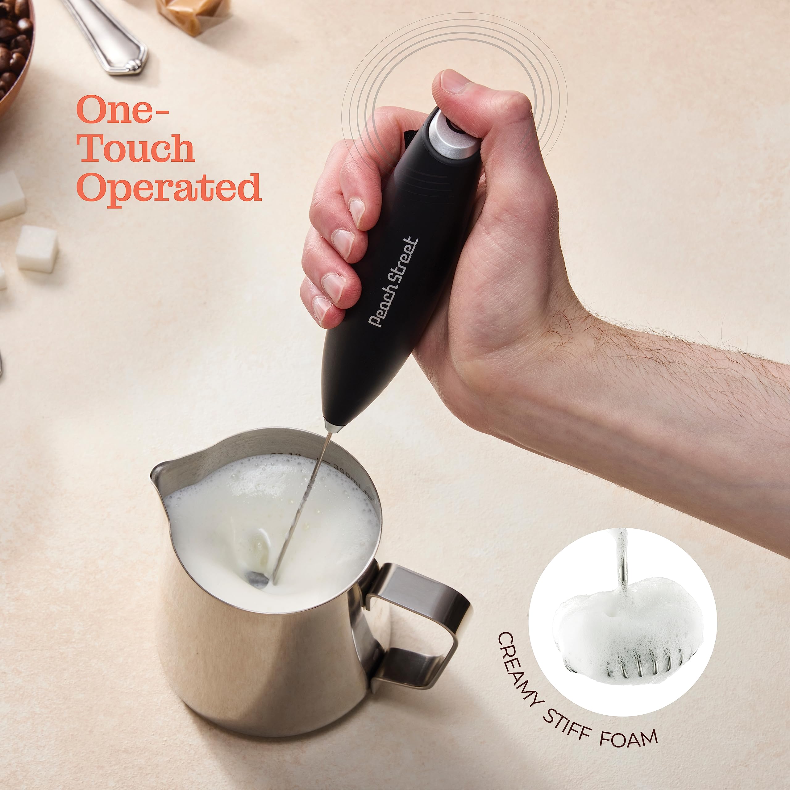 Powerful Handheld Milk Frother, Mini Milk Frother, Battery Operated (Not included) Stainless Steel Drink Mixer - Milk Frother Stand for Milk Coffee, Lattes, Cappuccino, Frappe, Matcha, Hot Chocolate