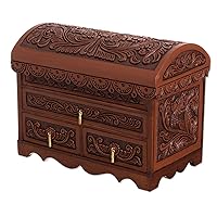 NOVICA Handmade Leather Cedar Wood Jewelry Chest Bird Pattern from Peru Brown Boxes Colonial Floral Animal Themed [8.25in H x 11.5in W x 6in D] 'Impressive Birds'