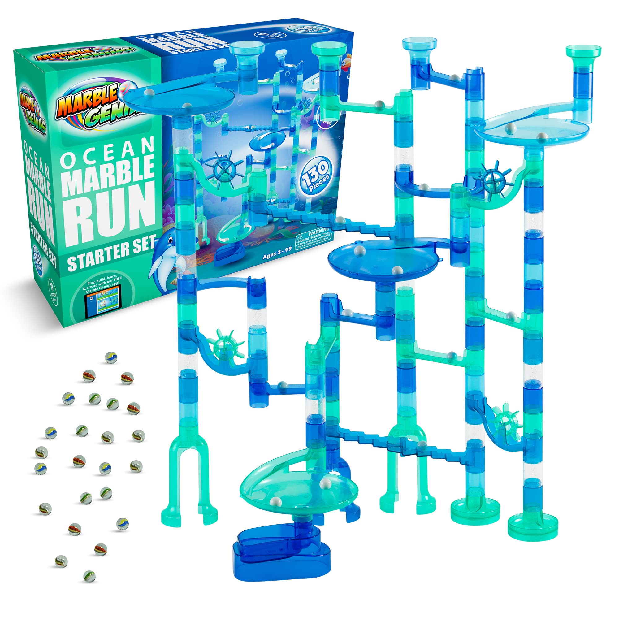 Marble Genius Marble Run Ocean Starter Set - 130 Complete Pieces + Free Instruction App (80 Translucent Marbulous Pieces + 50 Glass Marbles)