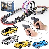 Slot Car Race Track Sets, 19ft Electric Track with LED Lights and 4 Slot Cars, 2 Hand Controller and Racing Game Lap Counters, Race Track Set Features a Loop, Turns, and a Crossover for Boys Age 6-12