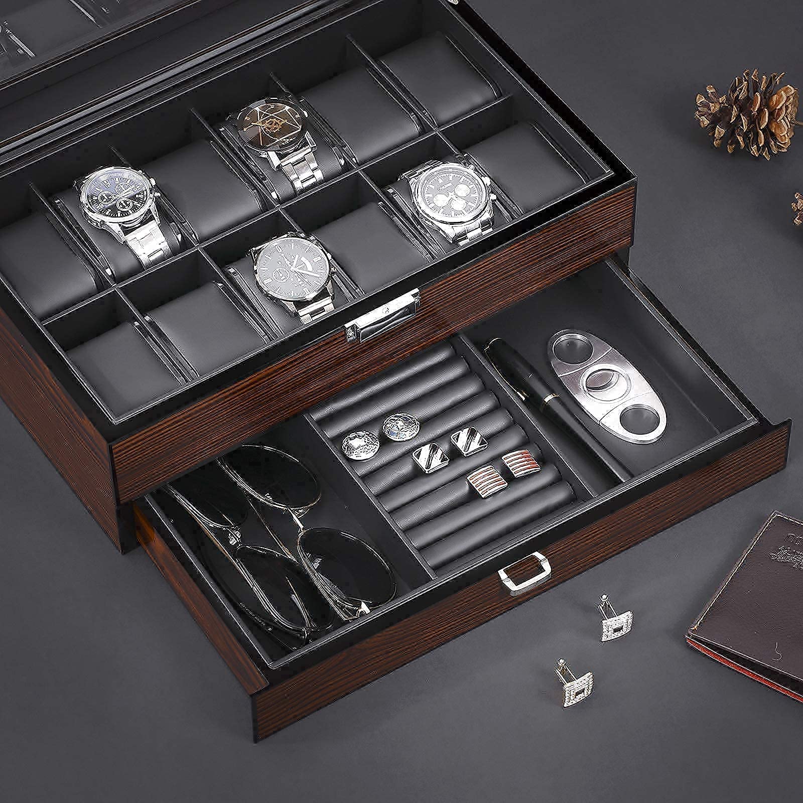 BEWISHOME Watch Box Organizer with Valet Drawer - Real Glass Top, Adjustable Tray, Metal Hinge, Carbon Fiber Design Bundle