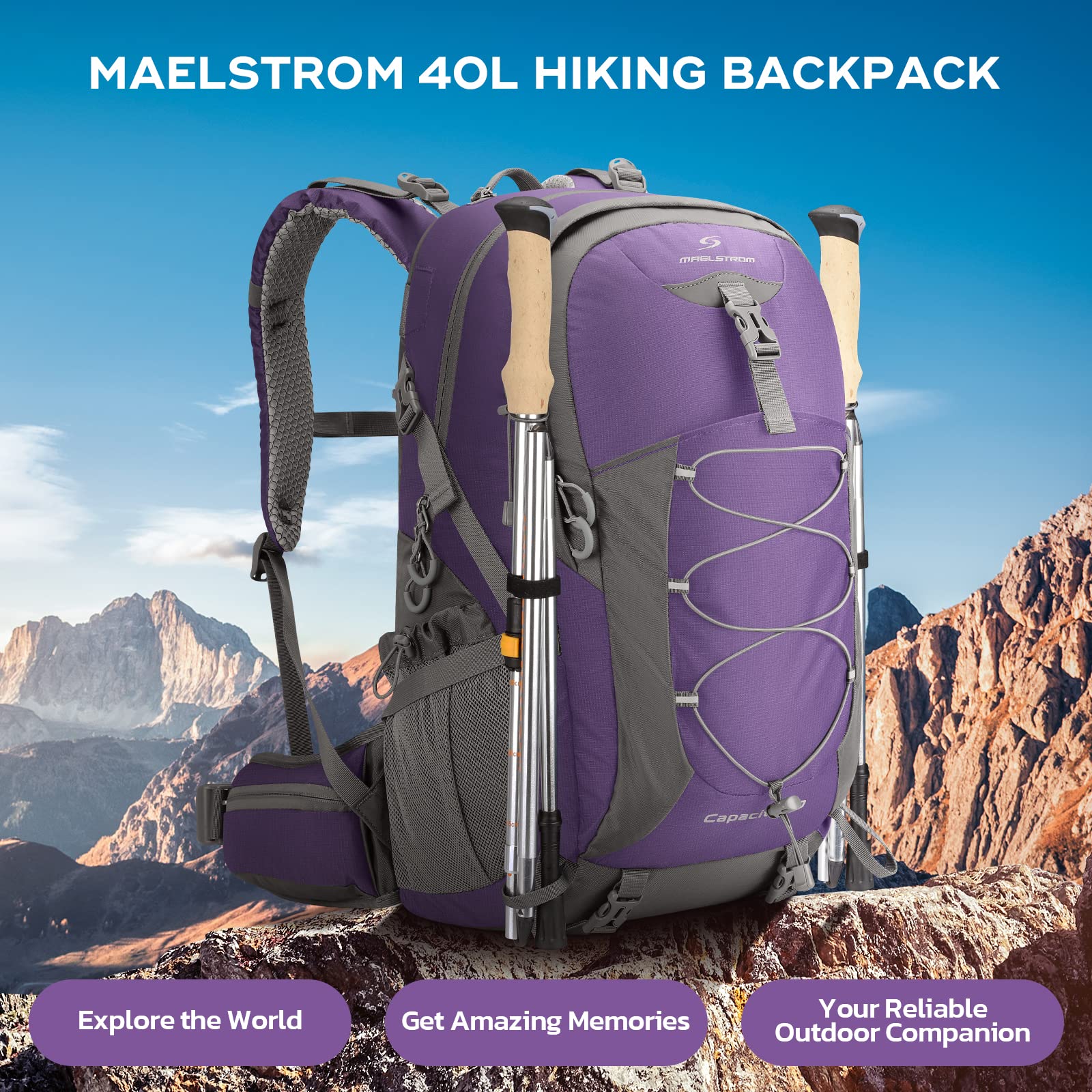 Maelstrom Hiking Backpack,Camping Backpack,40L Waterproof Hiking Daypack with Rain Cover,Lightweight Travel Backpack,Purple