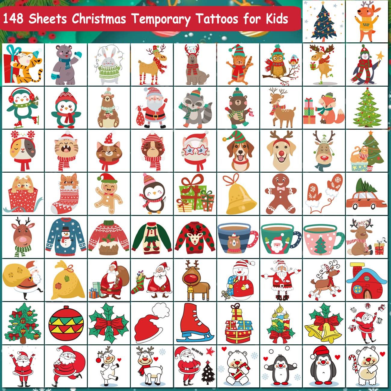 CHARLENT 148 PCS Christmas Temporary Tattoos for Kids - Xmas Individual Tattoos for Kids Christmas Party Favors, Stocking Stuffer, Christmas Eve Gift
