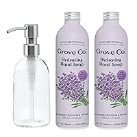 Grove Co. Hydrating Gel Hand Soap Refills (2 x 13 Fl Oz) + 1 x Reuseable Glass Soap Dispenser, Plastic-Free & Liquid Refillable Starter Kit, Natural Lavender Blossom & Thyme Fragrance