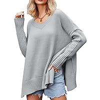 ALLUMK Women’s V Neck Oversized Sweaters Split Hem Pullover Sweaters Long Sleeve Warm Knit Pullover Tops