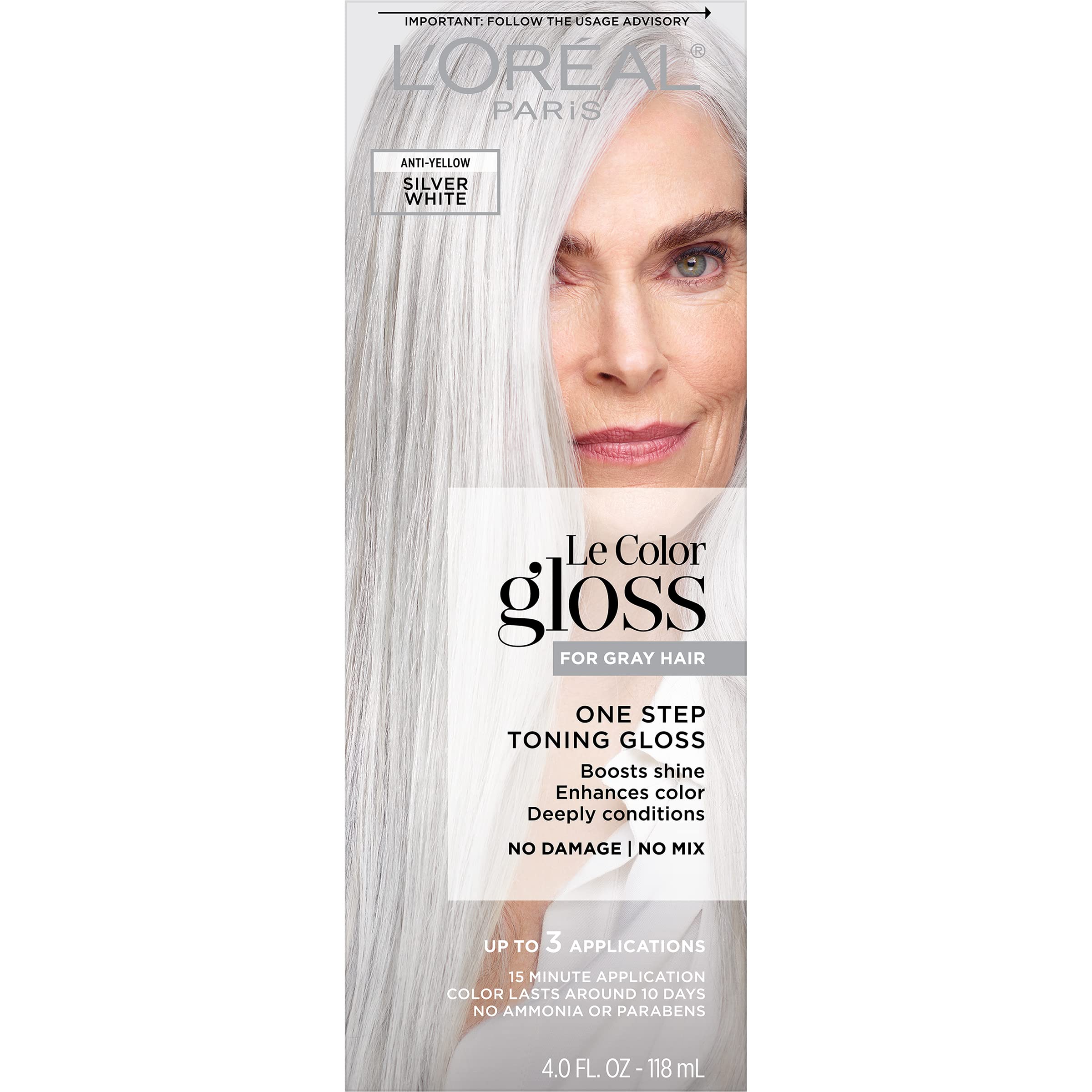 L’Oréal Paris Le Color Gloss One Step Toning Gloss, In-Shower Hair Toner with Deep Conditioning Treatment Formula for Gray Hair, Silver White, 1 Kit, 32.626 cubic_inches