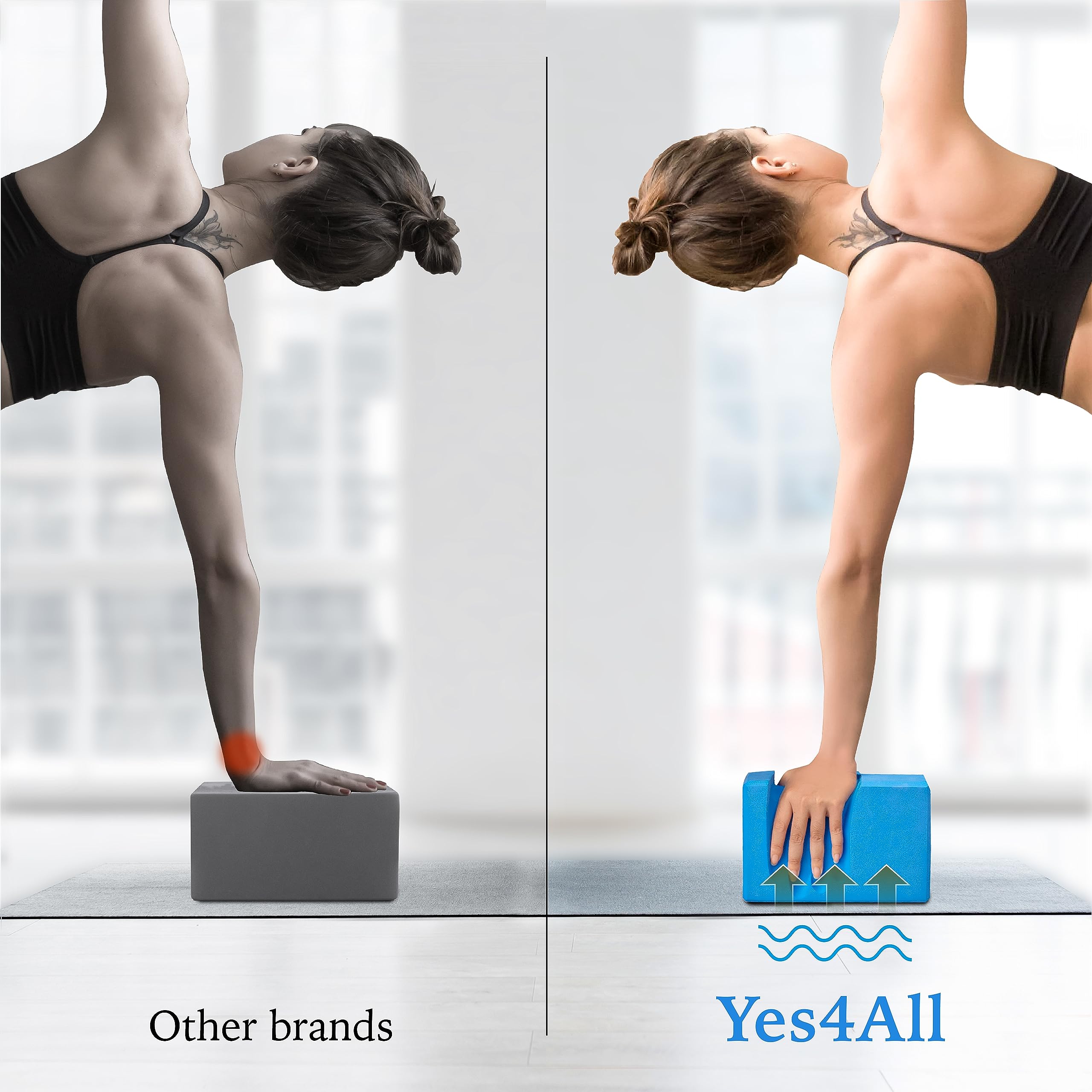 Yes4All Yoga Blocks 2 Pack Wrist Support, Comfort, and Grip Strength, Support for Balance Fitness and Exercise, EVA Foam Blocks Pilates Yoga Brick Yoga Accessories