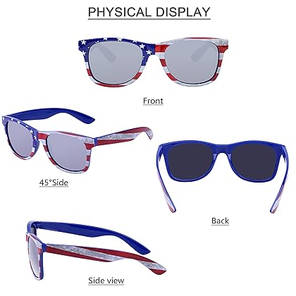 COCOSAND Unisex Women Men UV400 Sunglasses with Sun Protection Mirrored Lens, Blue with American Flag Print