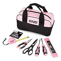 DNA MOTORING 7-Piece Pink Tool Set - Portable Household Hand Tool Kit with Wide Mouth Canvas Storage Bag for DIY Home Repairing, Gift for Women Girls Ladies, TOOLS-00203