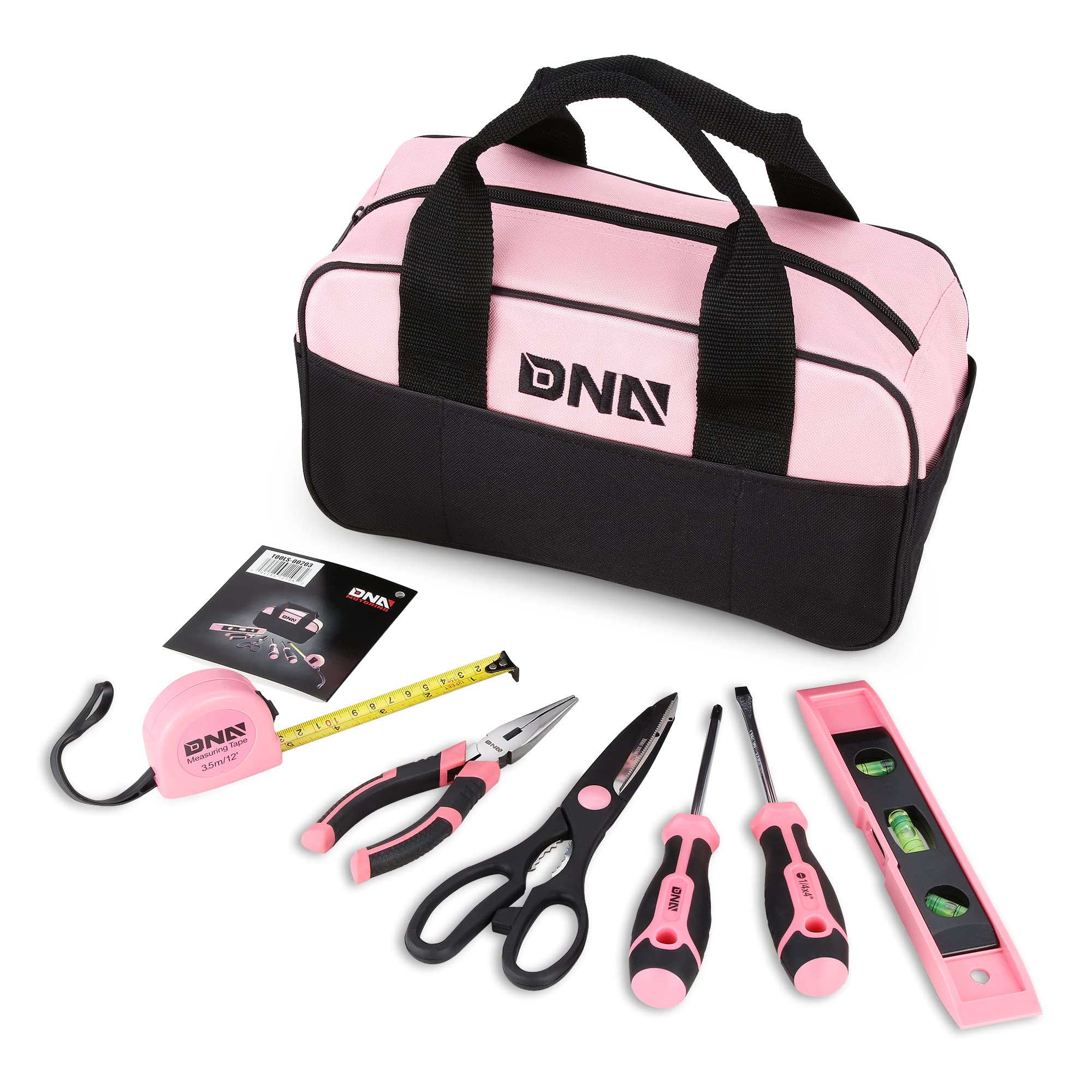 ‎DNA MOTORING TOOLS-00203 Home Repairing Tool Set - 7 Pcs Household DIY Hand Tool Kit with Wide-open Mouth Canvas Storage Bag, Pink