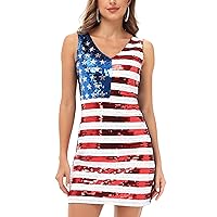 Anna-Kaci Women's American Flag Sequin Dress V-Neck Sleeveless USA Patriotic Sparkly Striped Glitter Tank Mini Dress, Medium Multicolored
