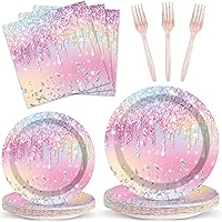 100PCS Iridescent Diamond Birthday Party Plates Napkins Forks Supplies Set Holographic Tableware Party Supplies Gem Stone Dinnerware Decorations Favors for Girls Kids Birthday 25 Guests