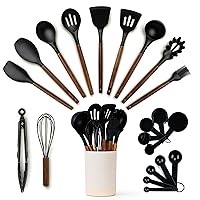 Silicone Kitchen Utensils Set & Holder: Cooking Utensils Set - Kitchen Essentials for New Home & 1st Apartment- Silicone Spatula Set, Cooking Spoons for Nonstick Cookware (Acacia Wood, Black)