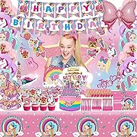 241 Pcs Jo-jo Birthday Party Supplies, Suitable for 20 Guests，Includes Birthday Banner, Hanging Swirls, Cake&Cupcake Toppers, Balloon, Tablecloth, Backdrop , Cutlerys, Blowouts, Stickers