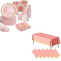 AIRE 175PCS Pink and Rose Gold Glitter Party Plates with 6 Pack Pink and Gold Plastic Tablecloths