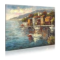 WALLSUP DECOR Ocean Landscape Canvas Wall Art - Abstract Coastal Oil Painting with Sailboats Seascape Textured Mountains and Houses Artwork Picture for Home Wall Living Room Bedrooms