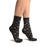 Grey Hearts On Dark Grey Angora Ankle High Socks - Socks