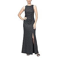 S.L. Fashions Women's Long Sleeveless Glitter Stretch Knit Ruched Dress with Side, Charcoal Slit