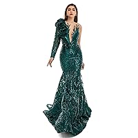 Deep V-Neck Shiny Sequined Mermaid Long Prom One Shoulder Chapel Train Evening Shower Party Dress Women's Ball Gowns
