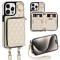 Keallce Case for iPhone 15 Pro Max 6.7'' Wallet Case, Crossbody Zipper Purse Handbag Wristlet for Women, RFID Blocking Card Holders, 360° Ring Kickstand Flip Leather Cover for iPhone 15 Pro Max, Beige