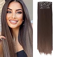 Clip In Hair Extensions 4PCS 20inch Mid Brown Synthetic Fiber Long Straight Thick Hairpieces for Women