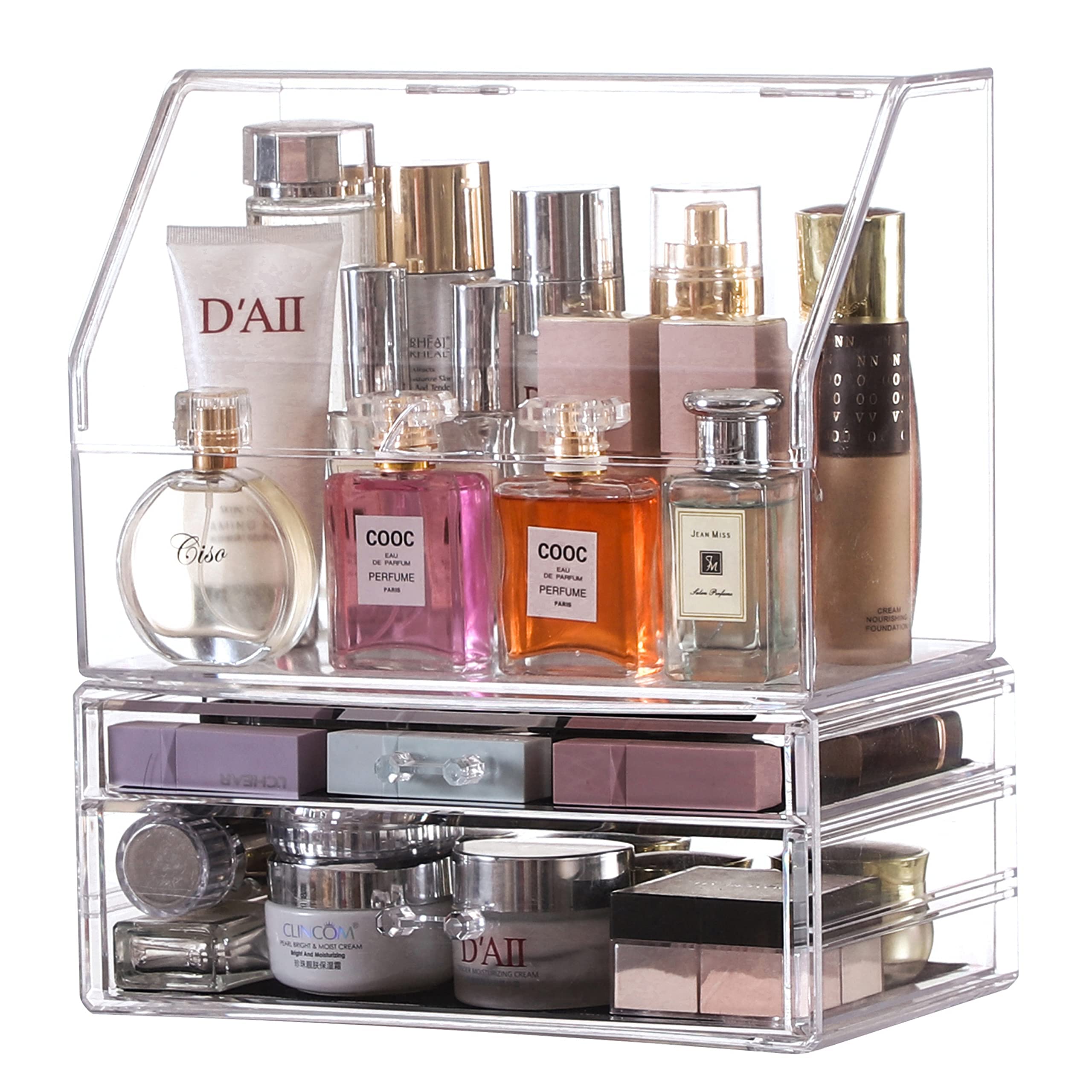 Cq acrylic Cosmetic Display Cases with LId Dustproof Waterproof for Bathroom Countertop Stackable Clear Makeup Organizer and Storage with 2 Drawers,Set of 2