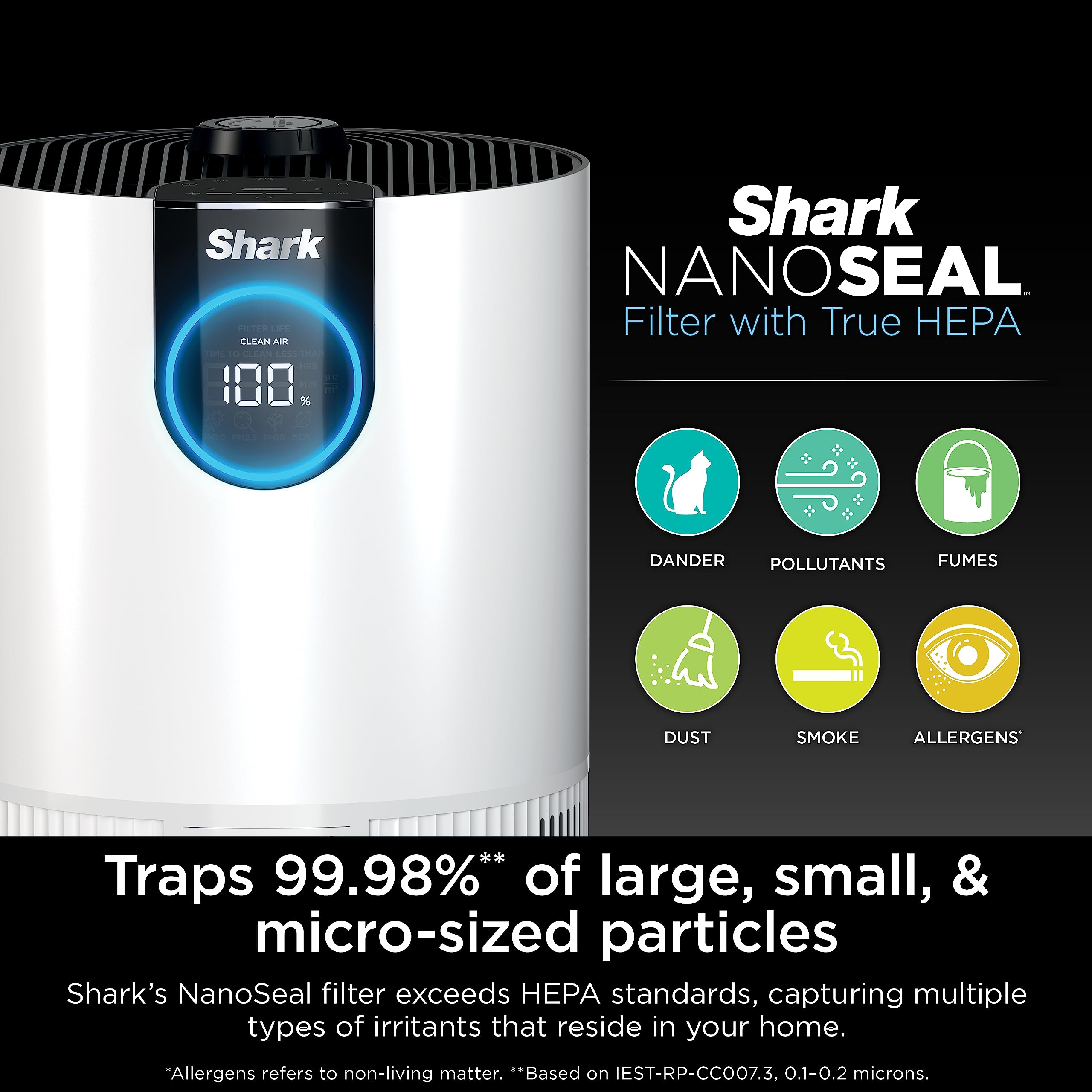 Shark HP132 Clean Sense Air Purifier with Odor Neutralizer Technology, HEPA Filter, 500 sq. ft., Small Room, Bedroom, Office, Captures 99.98% of Particles, Dust, Smoke & Allergens, Portable, White
