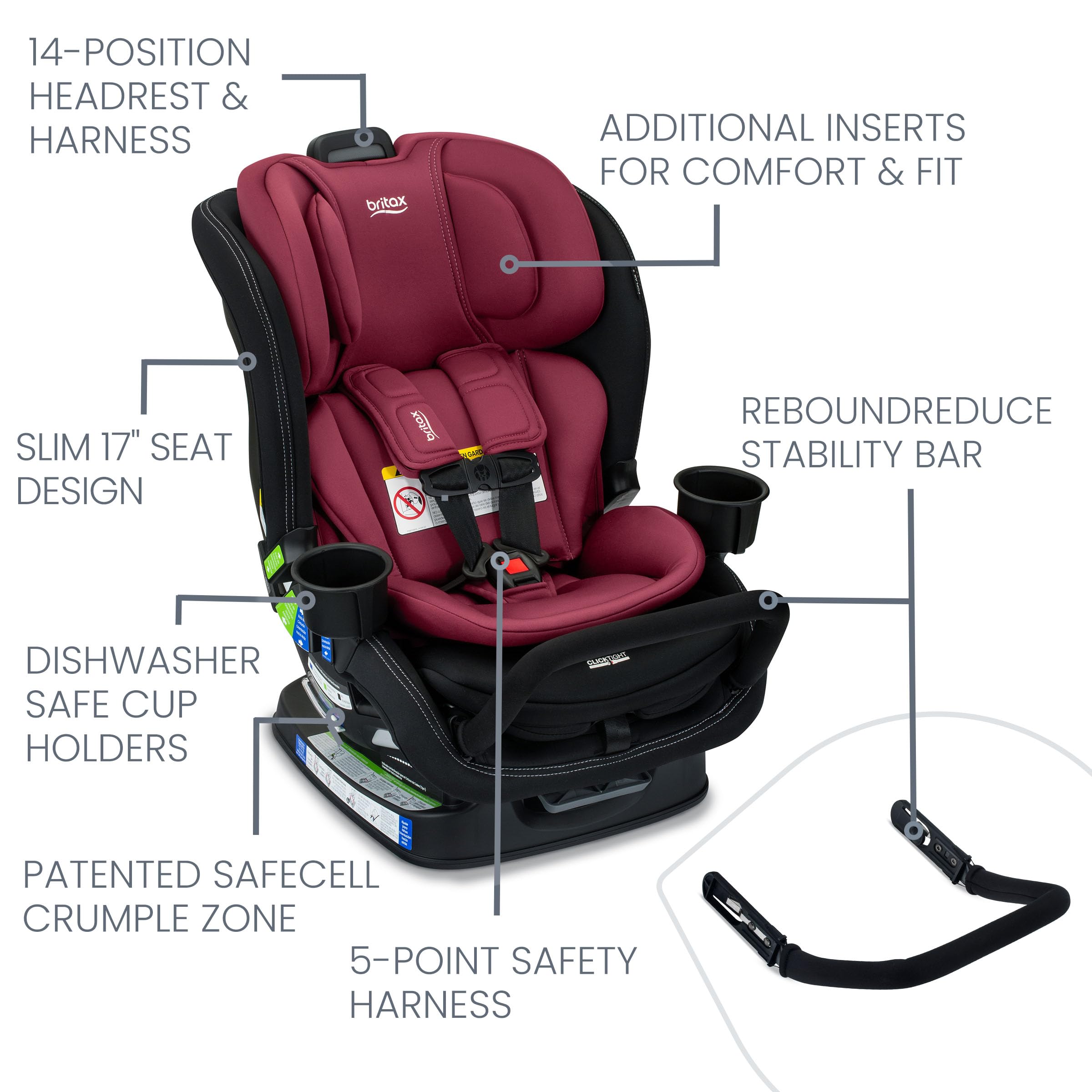 Britax Poplar S Convertible Car Seat, 2-in-1 Car Seat with Slim 17-Inch Design, ClickTight Technology, Ruby Onyx