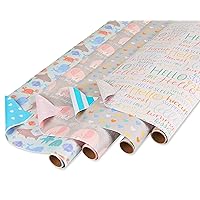 American Greetings Reversible Baby Shower Wrapping Paper, Animals and Hearts (4 Rolls, 160 sq. ft)
