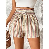 Women's Shorts Striped Print Paperbag Waist Tie Front Shorts Shorts for Women (Color : Multicolor, Size : Large)