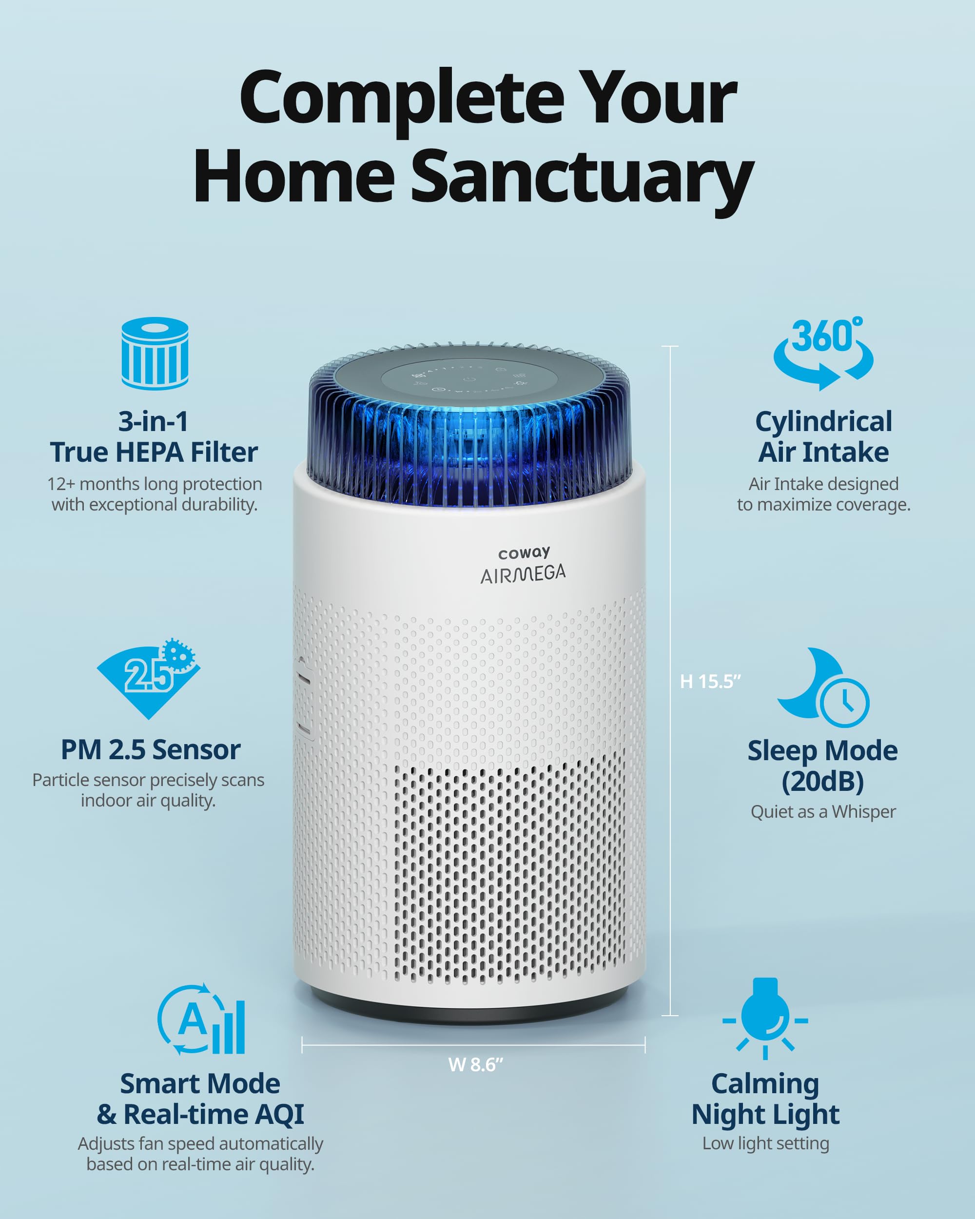 Coway Airmega 100 True HEPA Air Purifier with Air Quality Monitoring, Auto Mode, Sleep Mode, Timer, Filter Indicator, Night Light