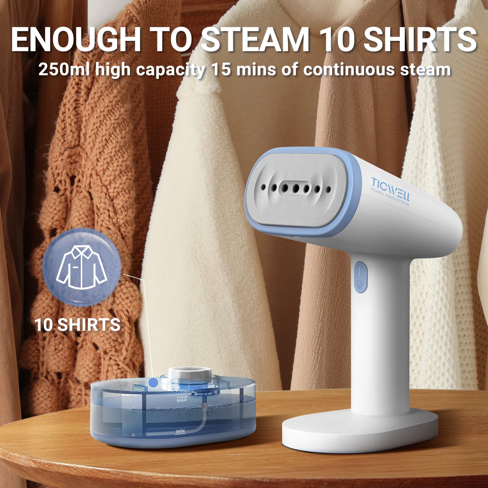 TICWELL Steamer for Clothes Steamer, Fashion Handheld Clothing Steamer for Garments, 1500W Powerful Portable Travel Steamer,50ML High Capacity 15Mins Continuous Steam, 25s Fast Heat-up, Light Steam Iron for travel and home