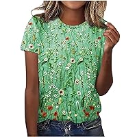 Womens Summer Tops Trendy Floral Tees Causal Short Sleeve Tunic Round Neck T Shirts Loose Fit Dressy Blouses